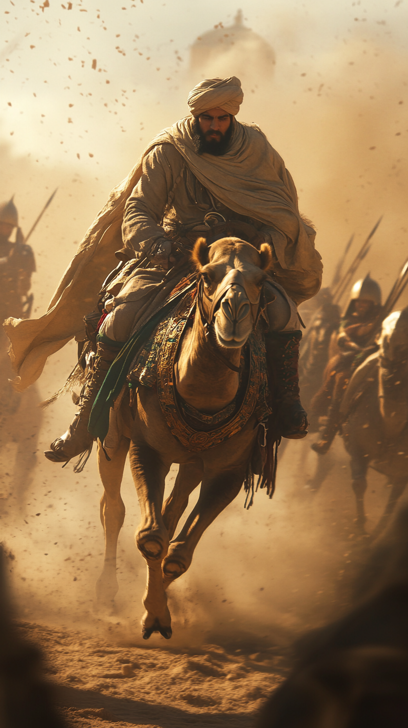 Saladin riding camel through desert, pursued by Baldwin's forces.