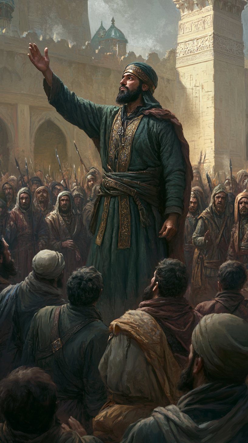 Saladin showing mercy to citizens after battle worshipfully grateful