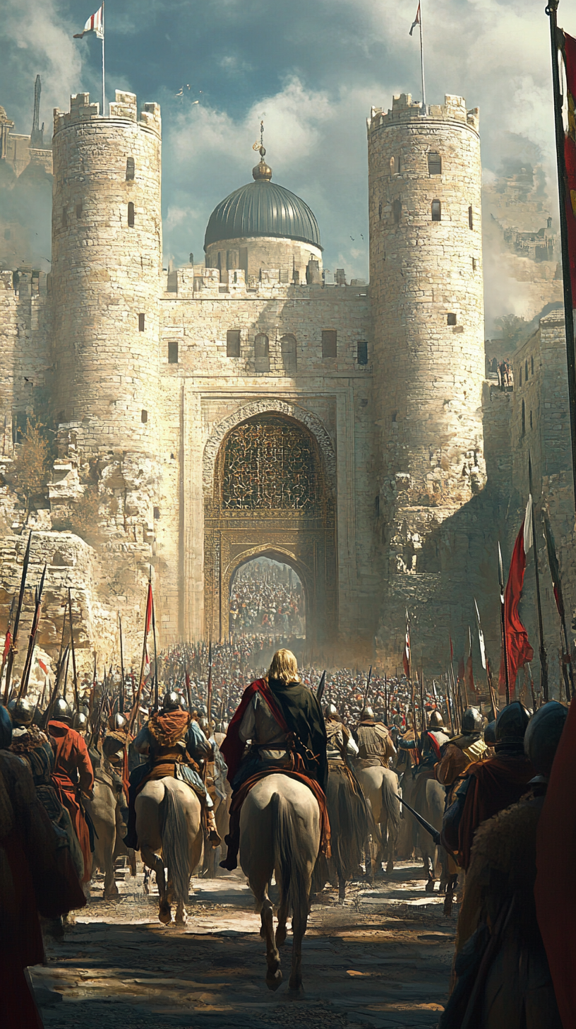 Saladin triumphantly enters Jerusalem with soldiers, city gates open.