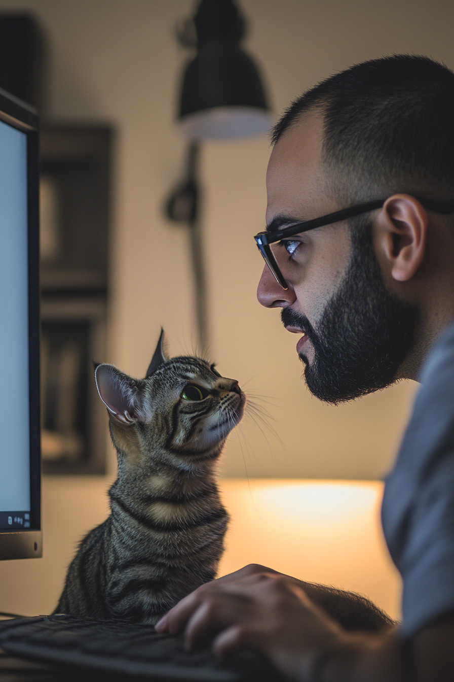 Sales manager with Arab male, glasses, beard in video.