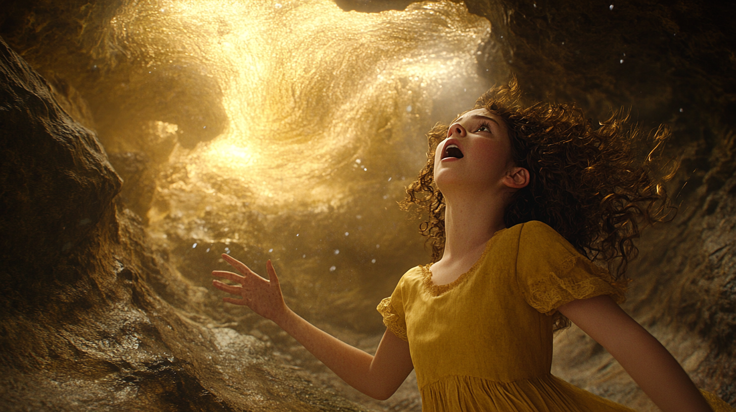 Sally, girl with curly hair, shouting in cave.