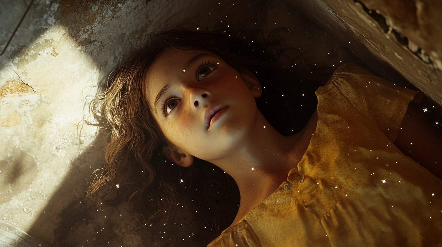 Sally, young girl with curly brown hair, gazing up, stars visible, yellow dress slightly dirty