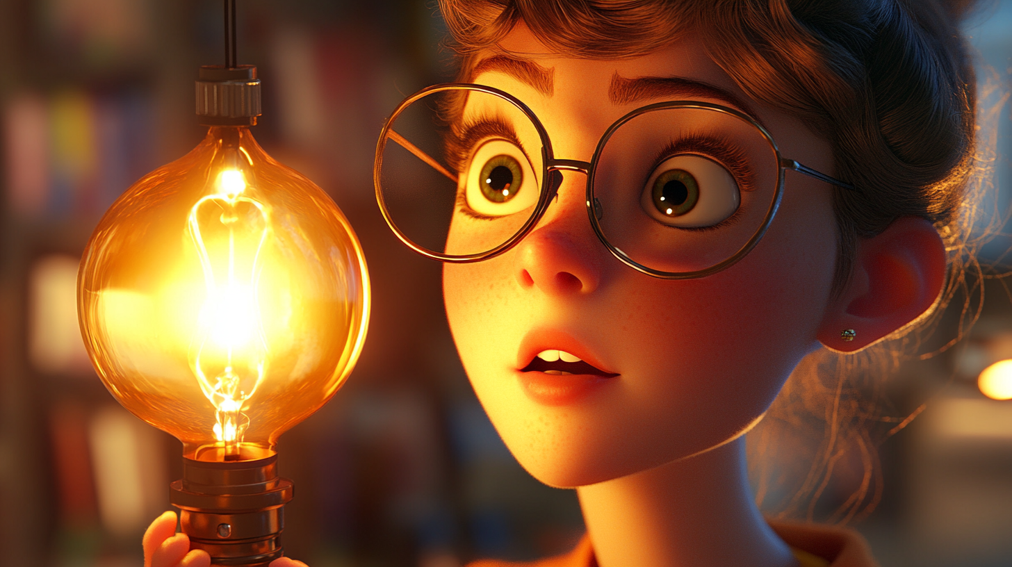 Sally excited with bright idea, animated style, detailed, realistic.