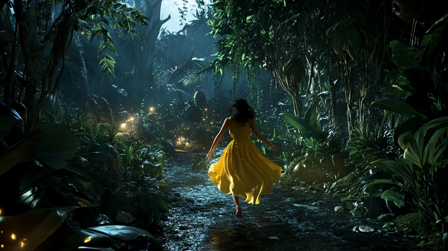 Sally in yellow dress plays hide-and-seek in jungle.