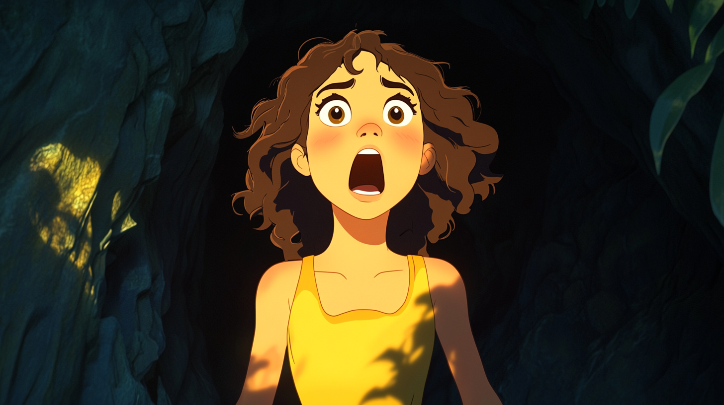 Sally in yellow dress shouts into echoing cave.