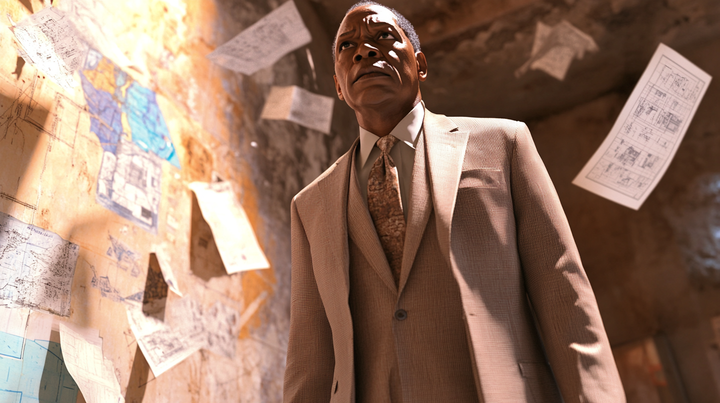 Samuel L Jackson in stylish tan suit with maps