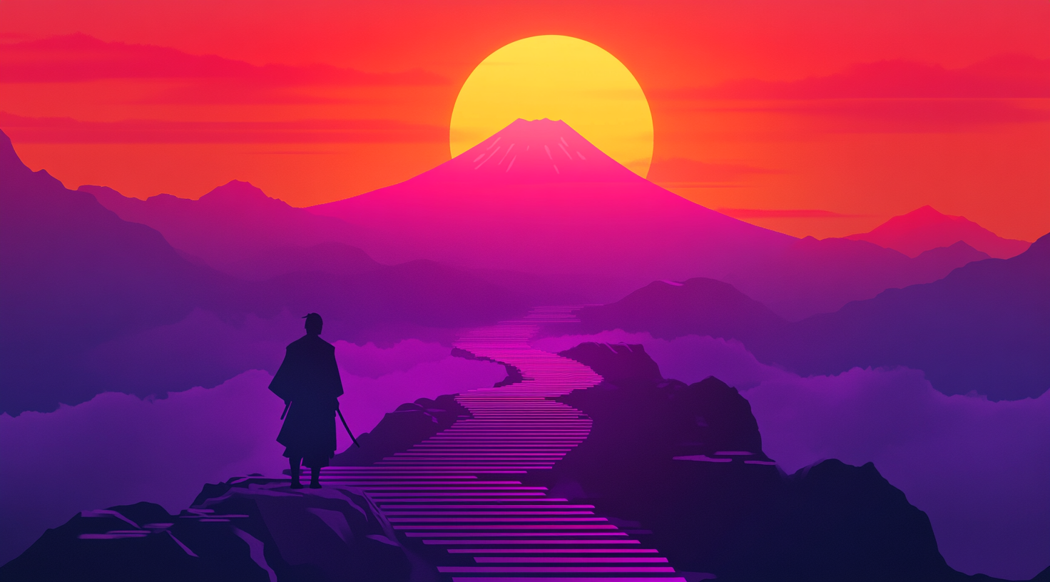 Samurai Below Staircase Leading to Mount Fuji