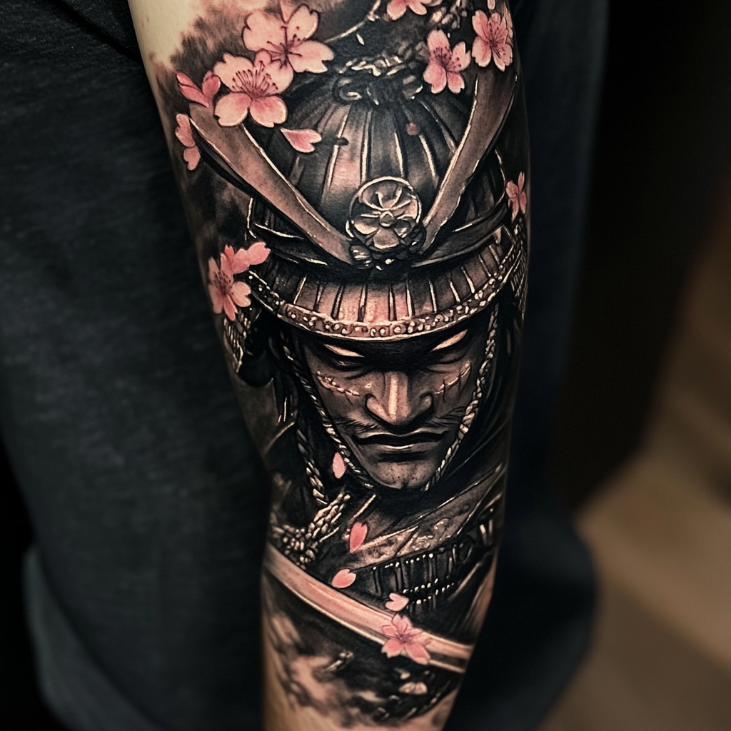 Samurai Hannya Mask Tattoo Design with Katana & Cherry Blossoms