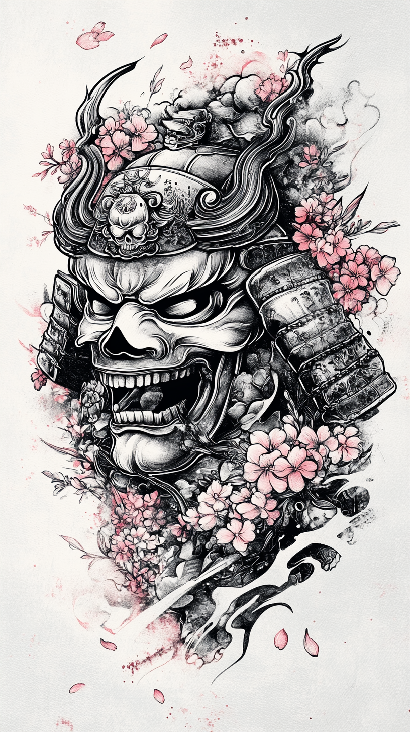 Samurai Hannya Mask Tattoo Design with Skull Outline, Detailed Line Work, Cherry Blossom Background