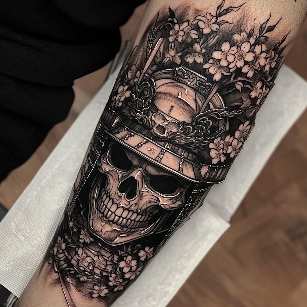 Samurai Hannya Mask Tattoo Design with Skull and Cherry Blossoms