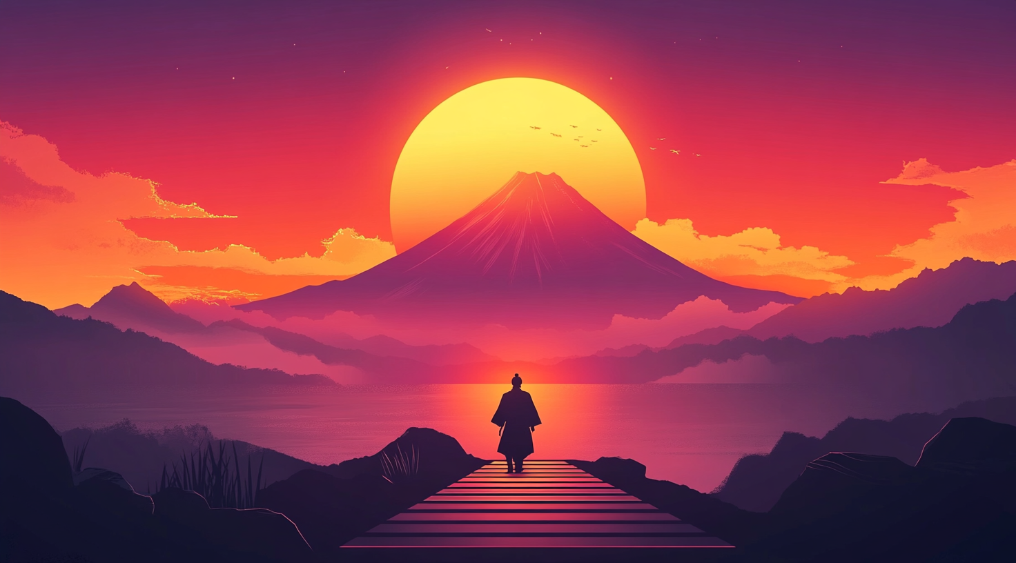 Samurai Observing Mount Fuji at Sunset