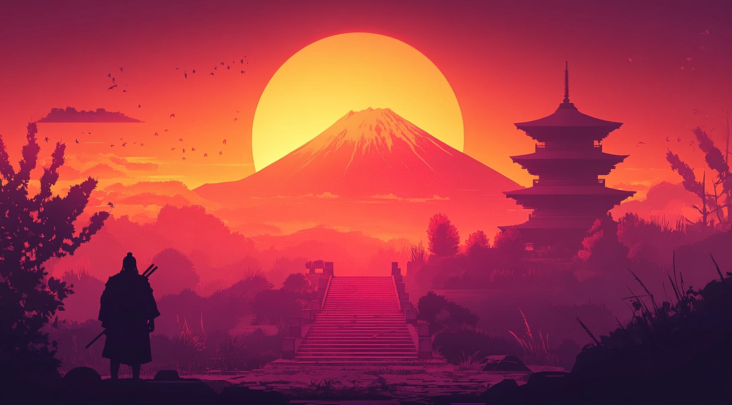 Samurai Overlooking Path to Mt. Fuji at Sunset