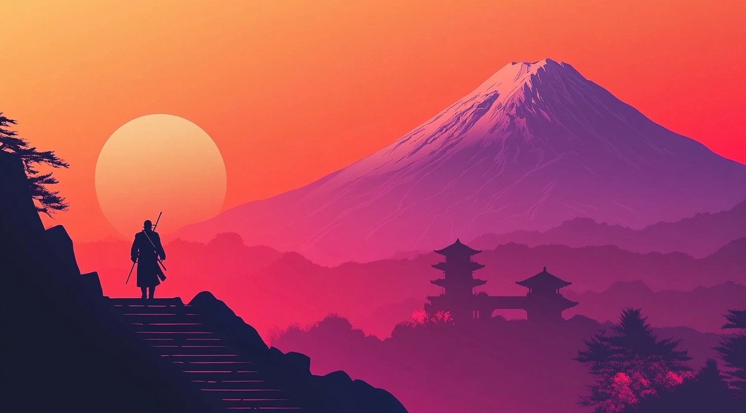 Samurai Walking Towards Mount Fuji at Sunset