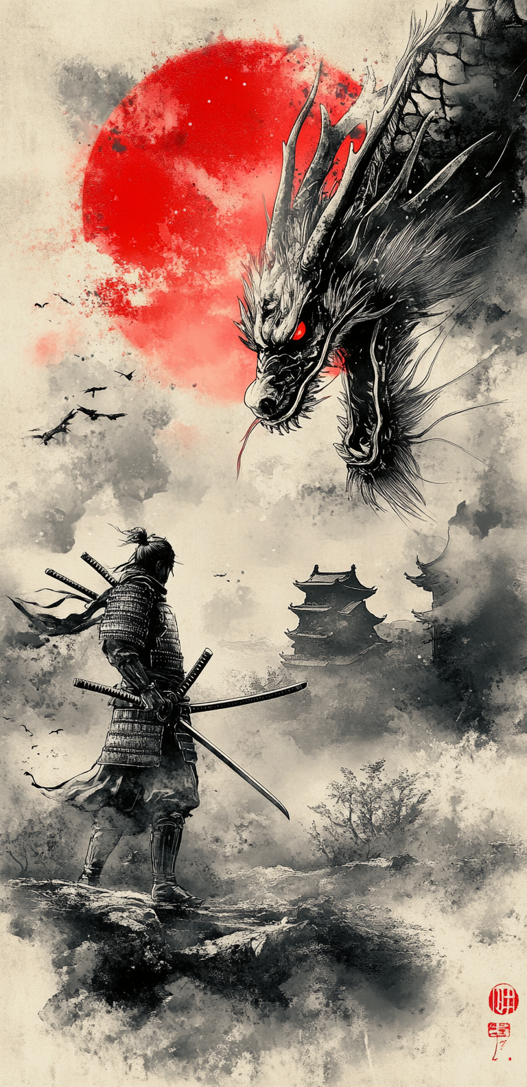 Samurai battles dragon in ancient Japanese landscape.