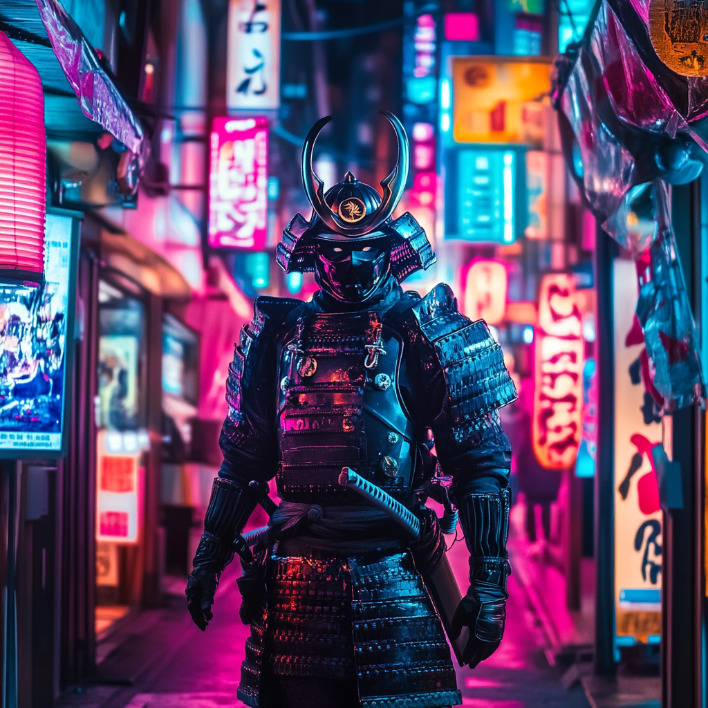 Samurai exploring Tokyo alley with neon lights and ads.