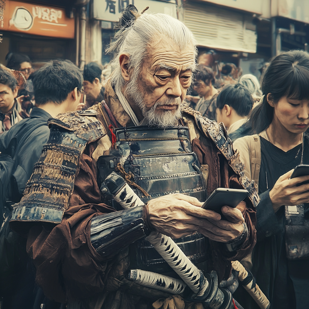 Samurai in ancient armor baffled by modern smartphones.