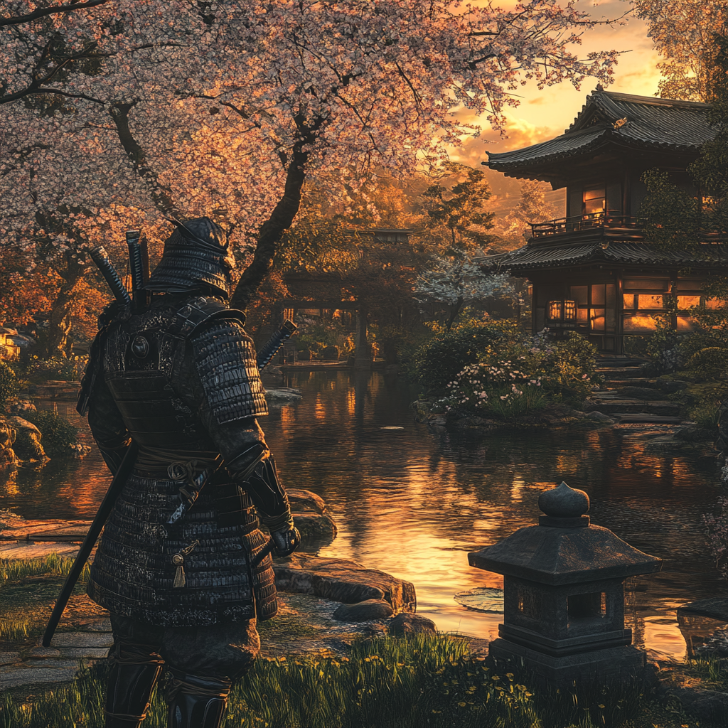 Samurai in garden at sunset, reflecting on time.