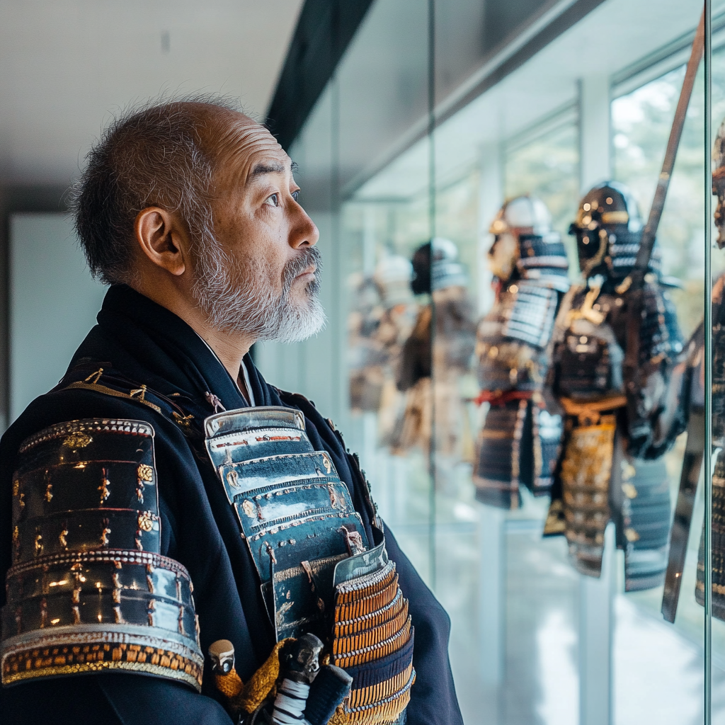 Samurai in museum, pondering ancient armor and weapons.