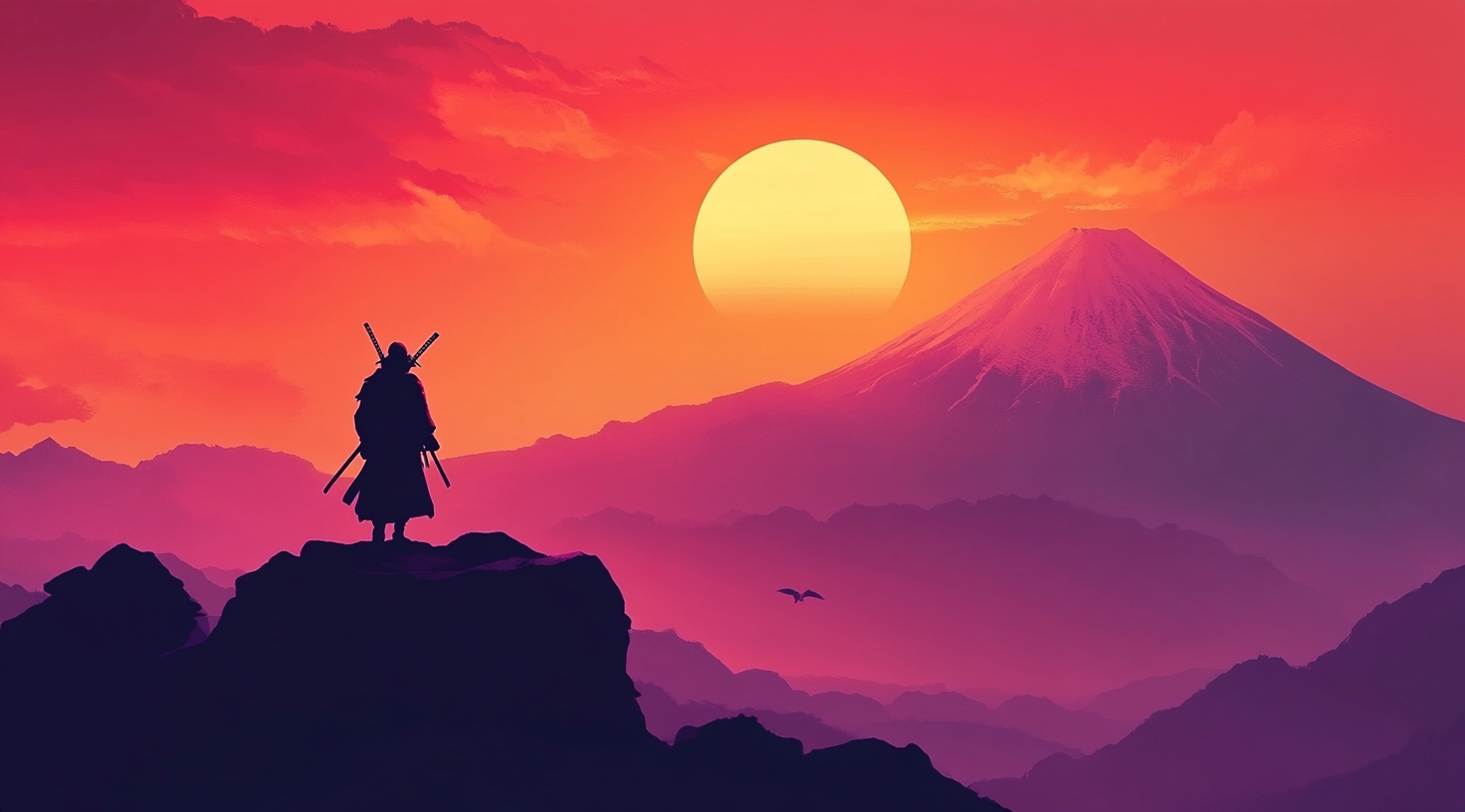 Samurai on Mountain Path: Simple Game Art Design