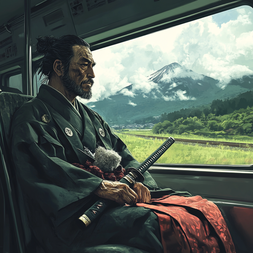 Samurai on bullet train, katana by his side.