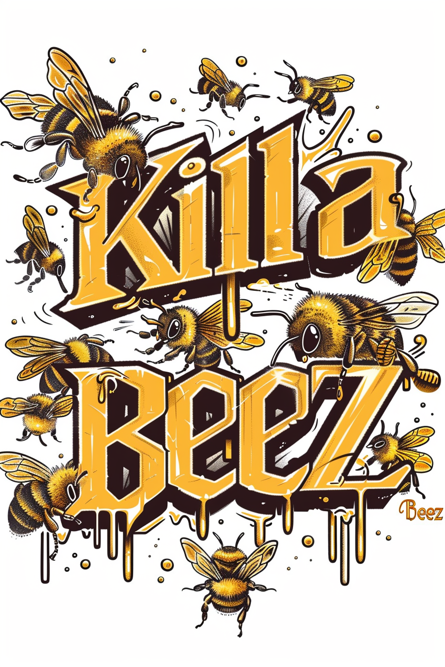 Samurai-style typography with honey, killer bees, sharp details.