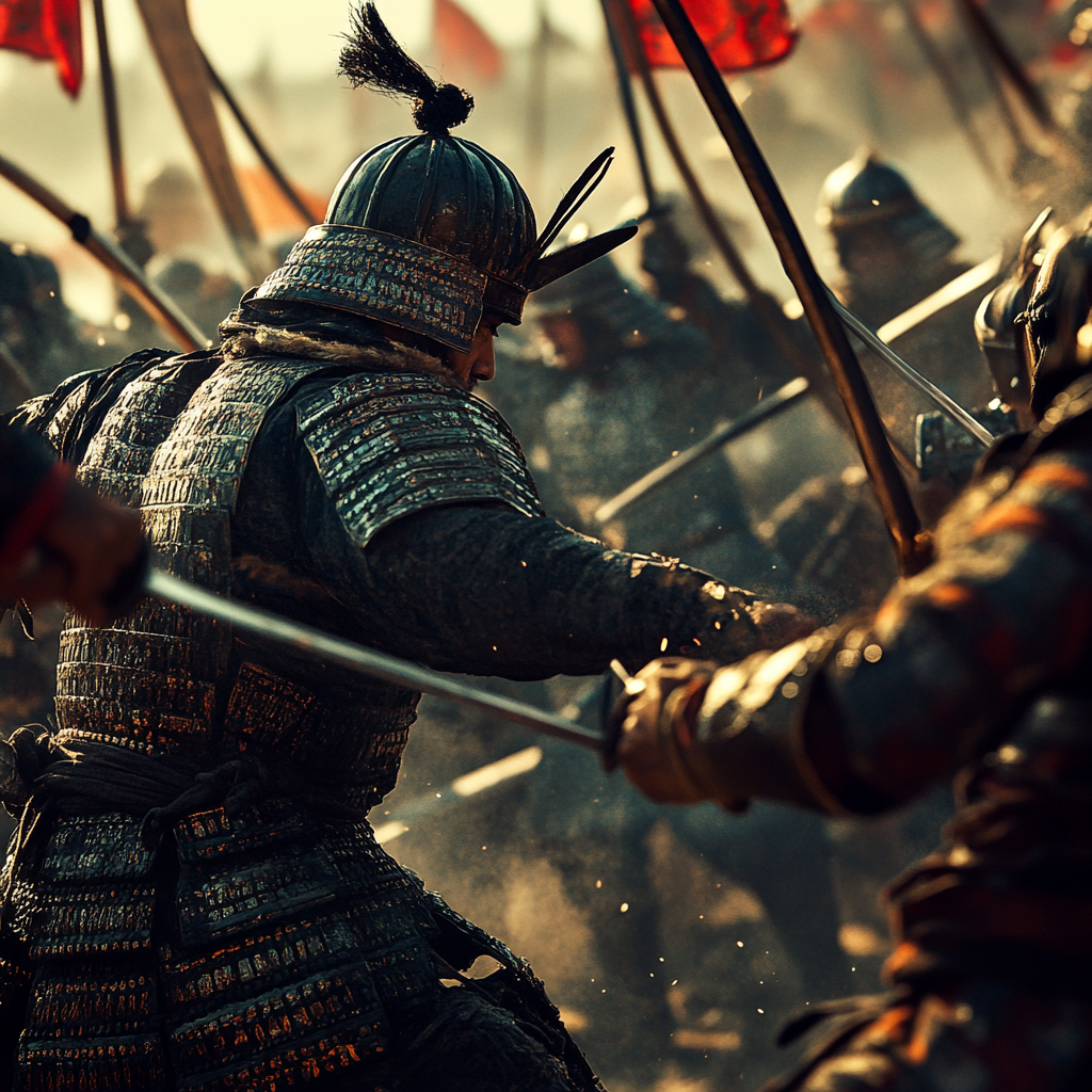 Samurai vs Mongols: swords clash in intense battle.