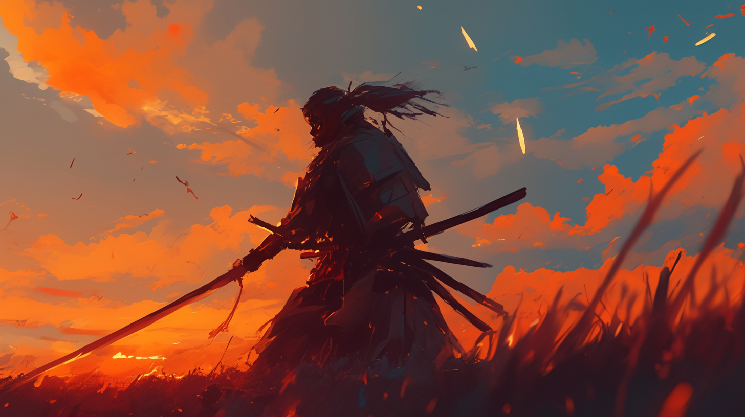 Samurai warrior battling in field at sunset, anime style