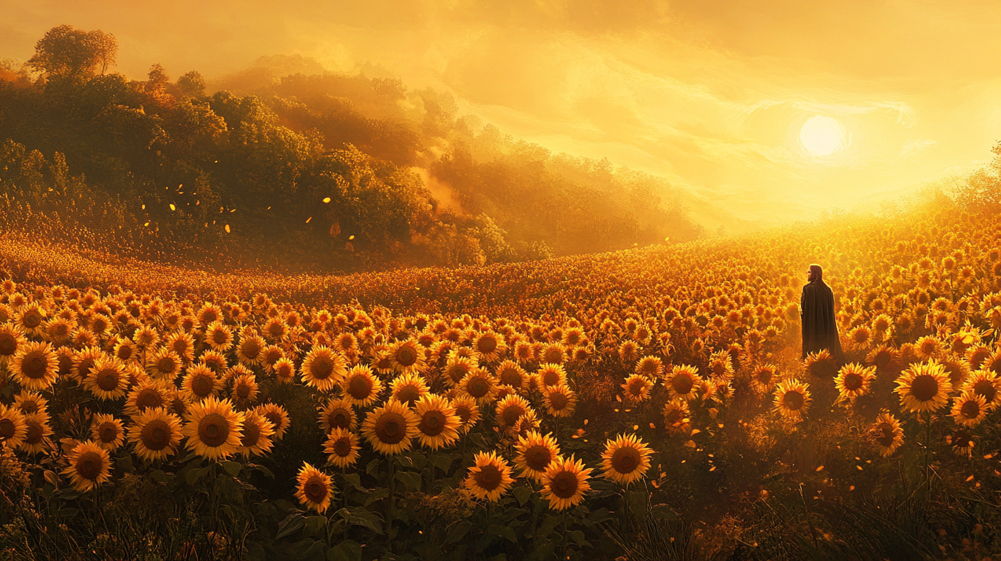 Samwise Gamgee in a sunflower field under autumn sun.