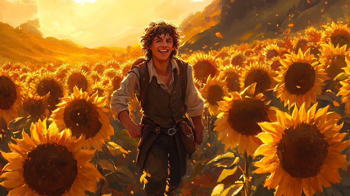 Samwise in sunflower field with warm autumn colors.