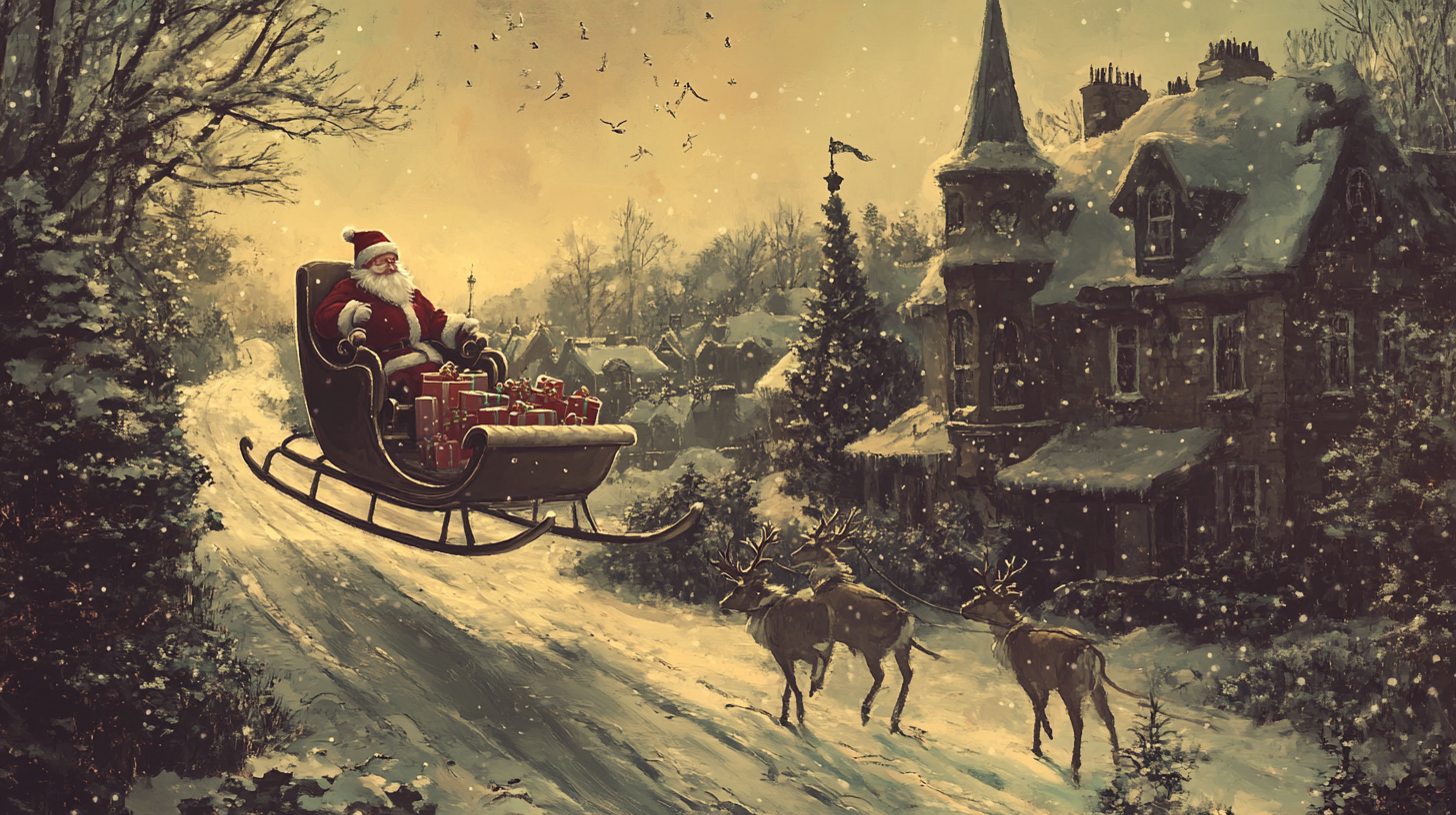 Santa's Classic Christmas Sleigh Ride Over Snowy Town