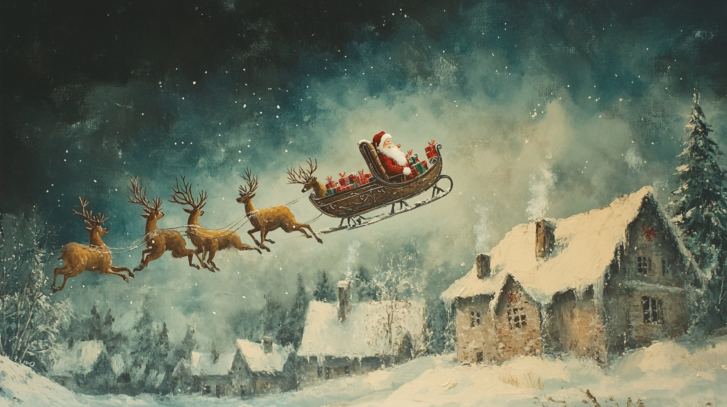 Santa's Sleigh Soaring Over Snowy Christmas Town