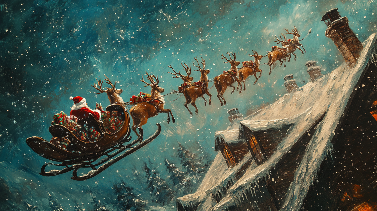 Santa's Sleigh Soaring Over Snowy Rooftop Morning.