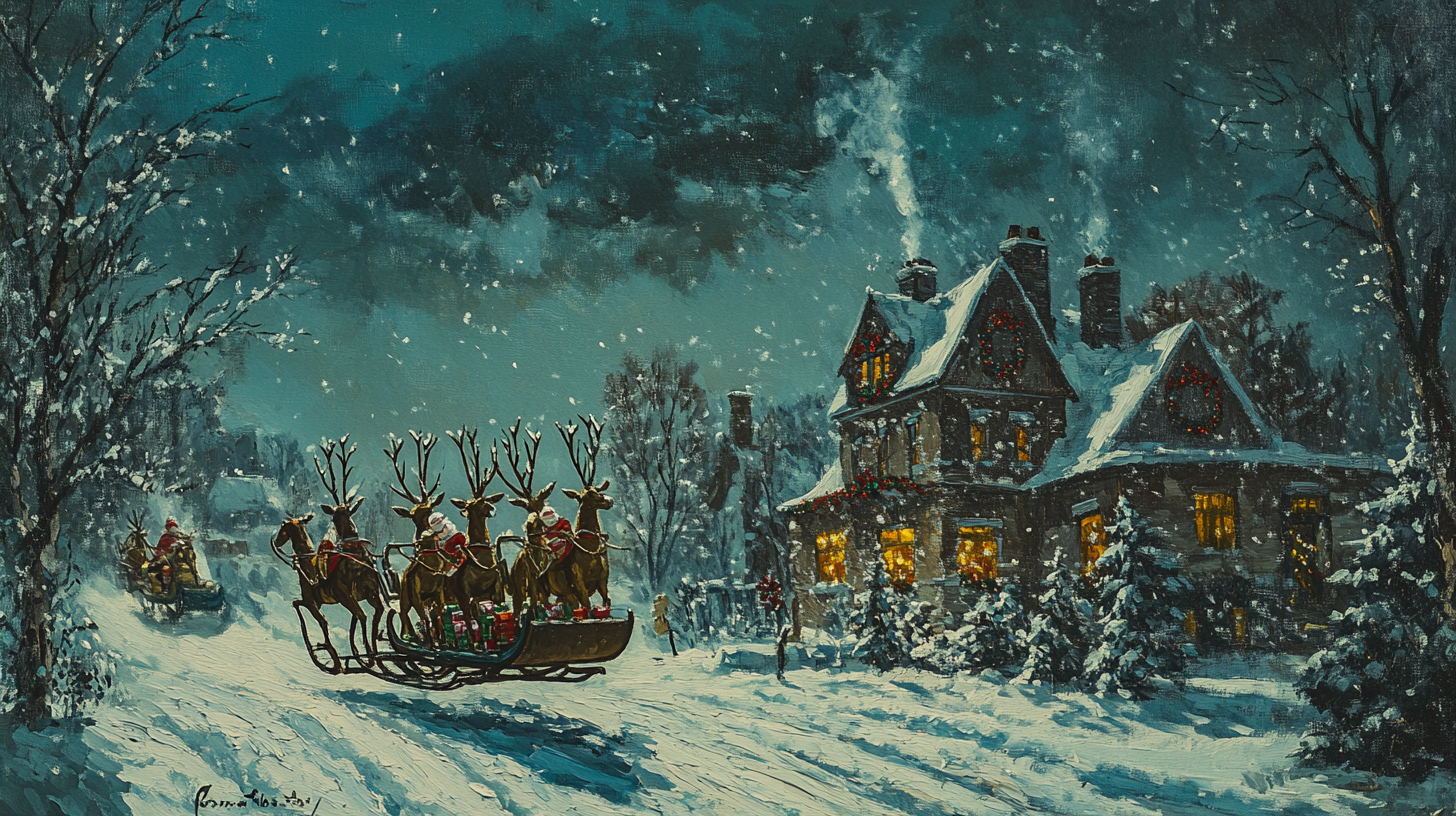 Santa's Sleigh over Snowy Town on Christmas Morning