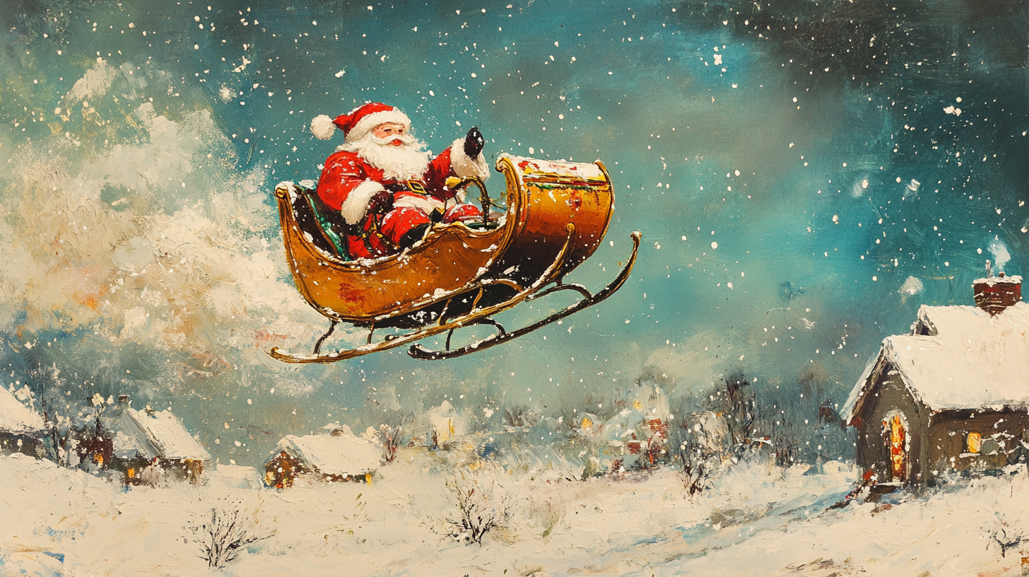 Santa's Vintage Christmas Sleigh Ride Over Snowy House.