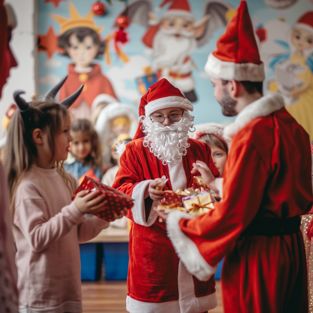 Santa, devil, angel visit kids with gifts