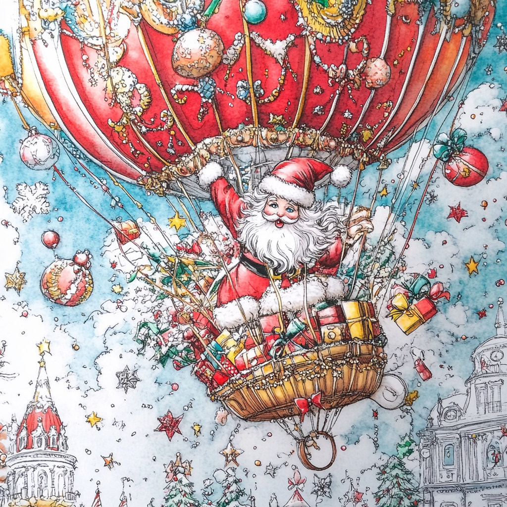 Santa Claus Arrives in Hot Air Balloon with Gifts 