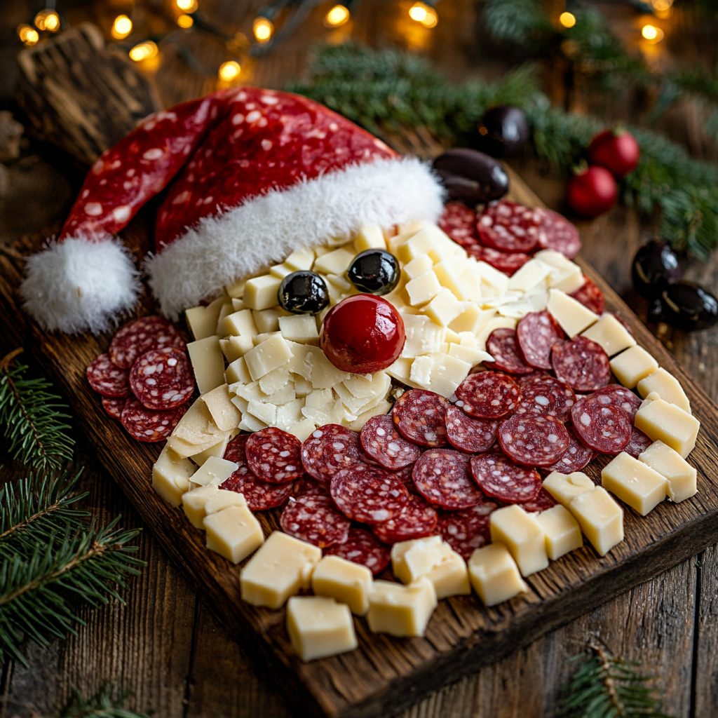 Santa Claus Charcuterie Board with festive decorations.