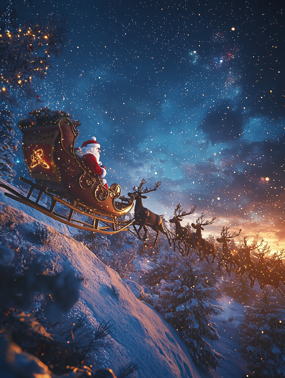 Santa Claus Riding Sleigh Under Starry Sky