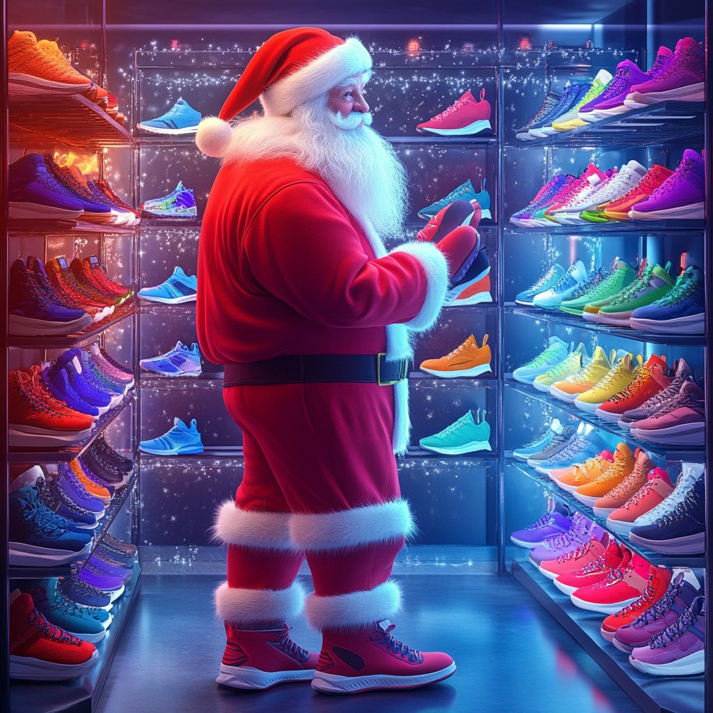 Santa Claus Shopping for Sneakers in Modern Showroom