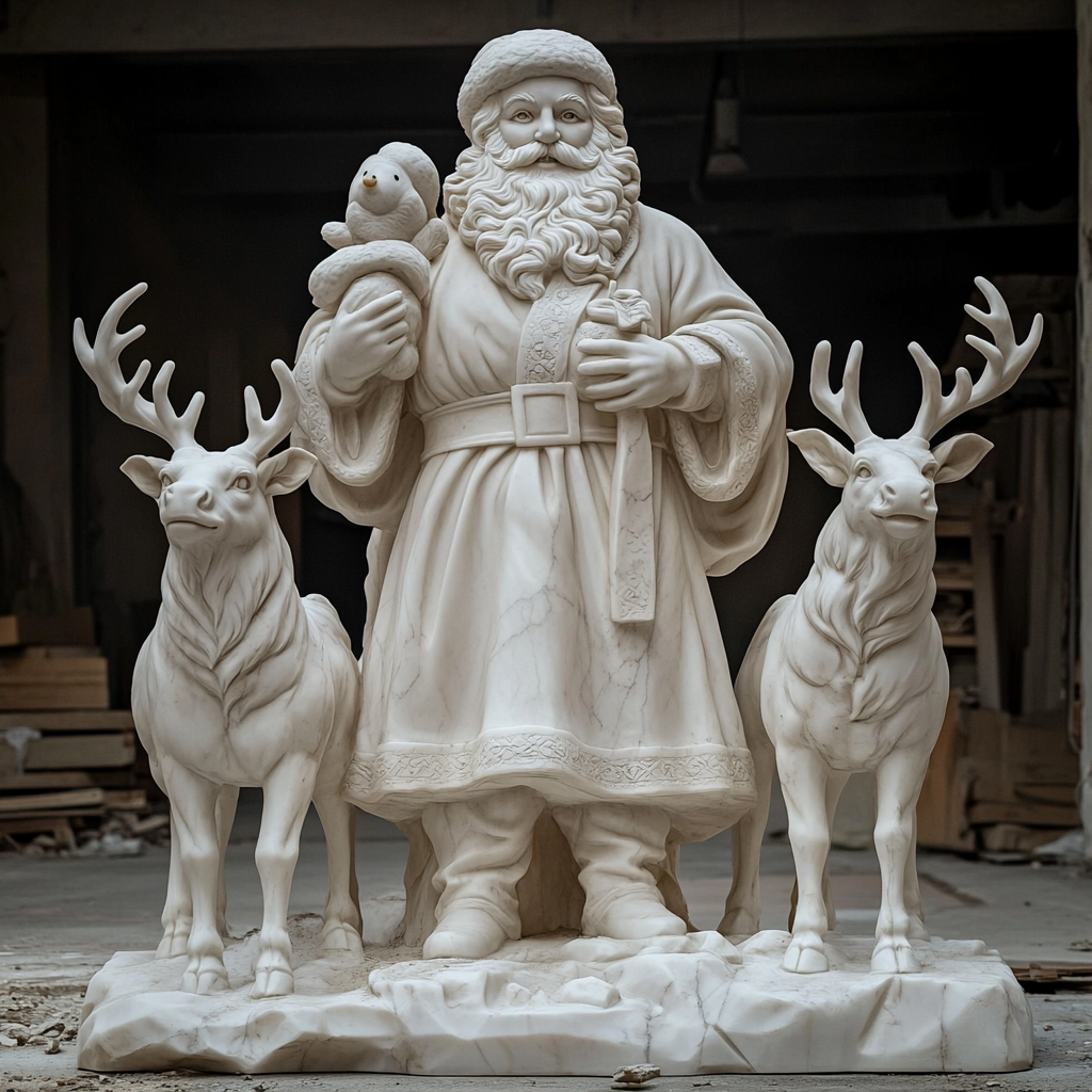 Santa Claus Statue with 2 Marble Reindeers