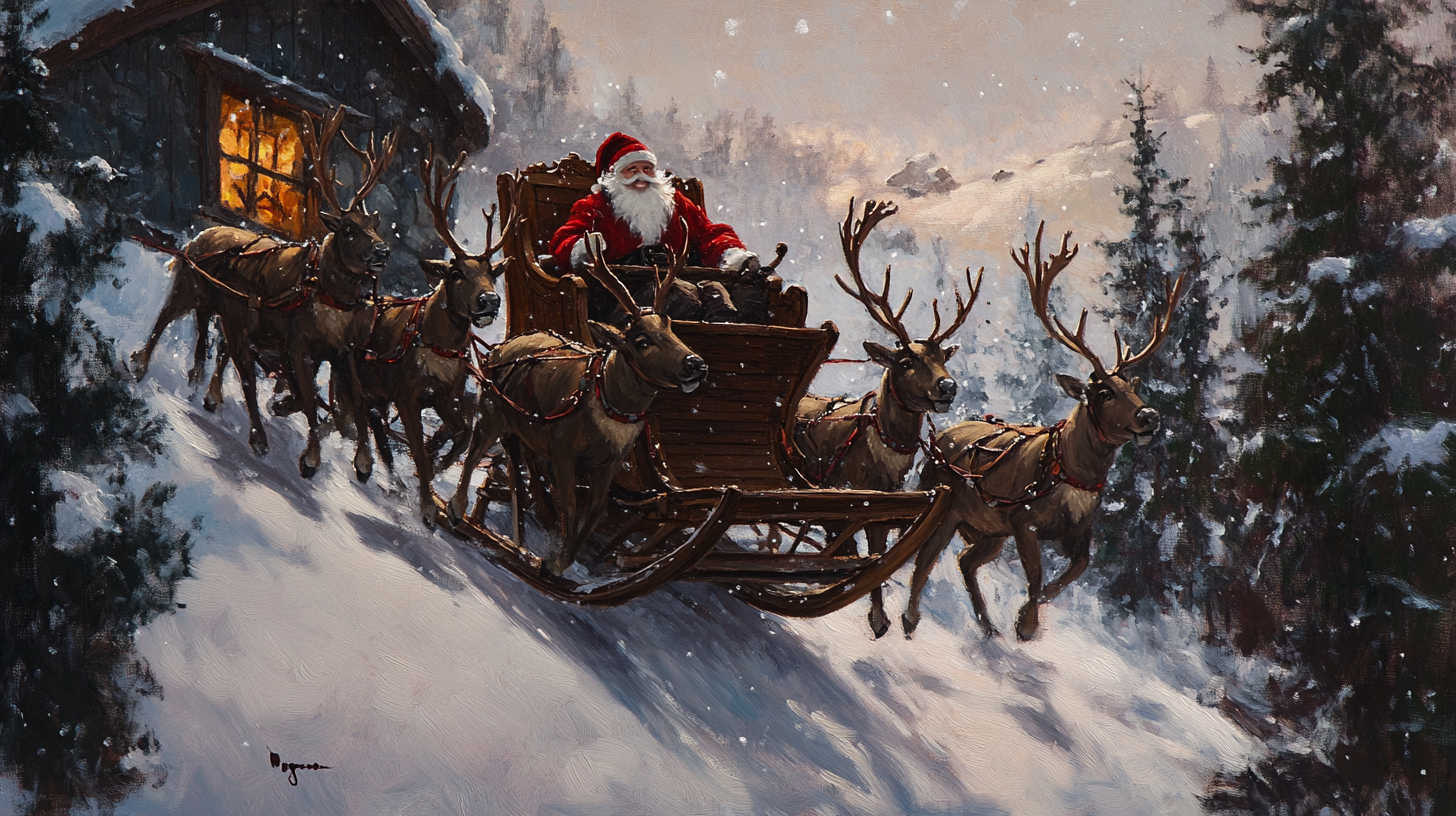 Santa Claus in Sleigh Pulled by 8 Reindeer