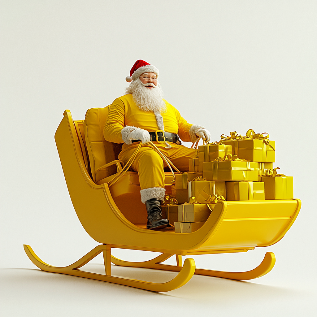 Santa Claus in yellow on a sleigh with gifts