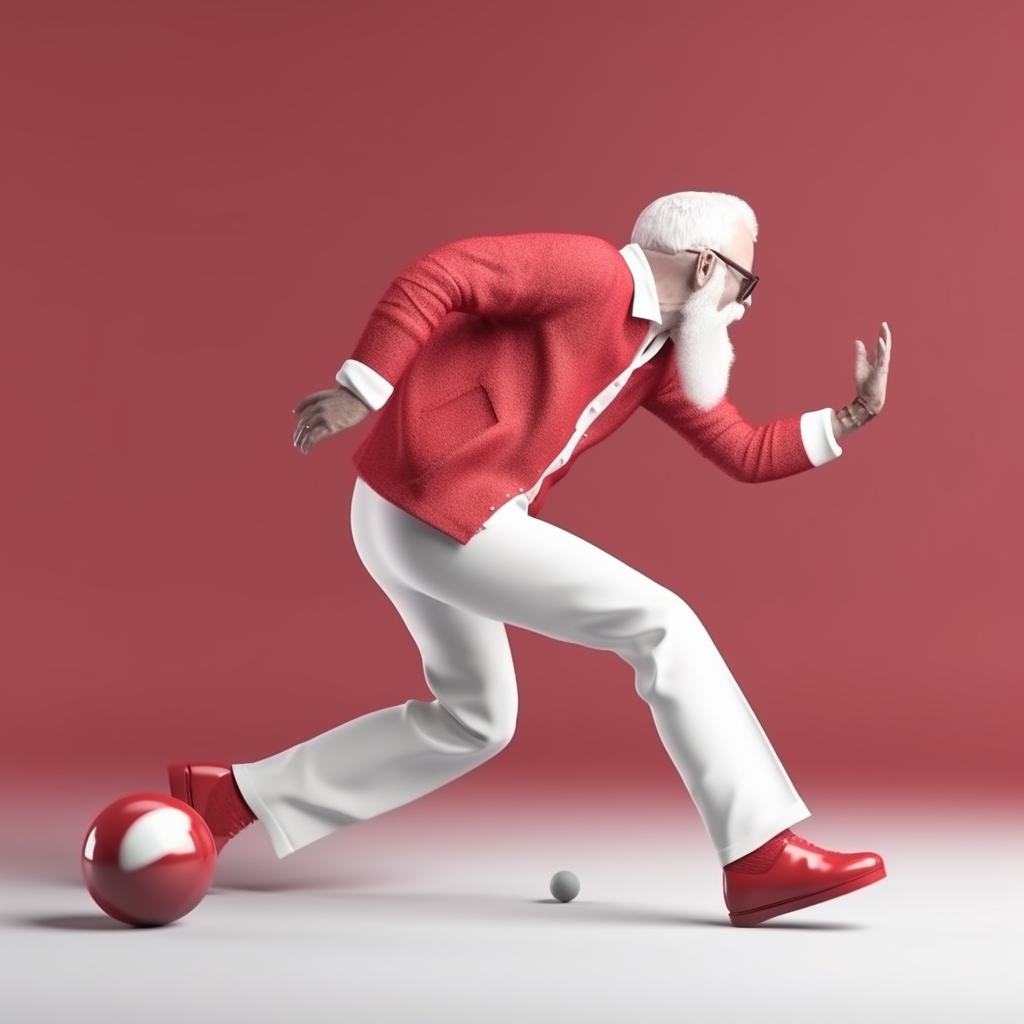 Santa Claus plays bowling in festive 3D style forest.