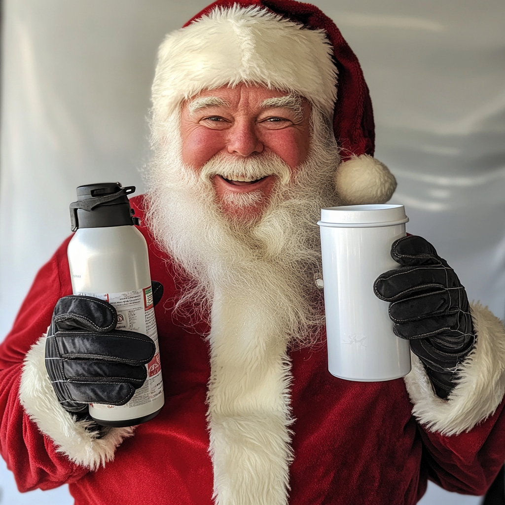 Santa Clause holding insulated water bottle and ceramic mug.