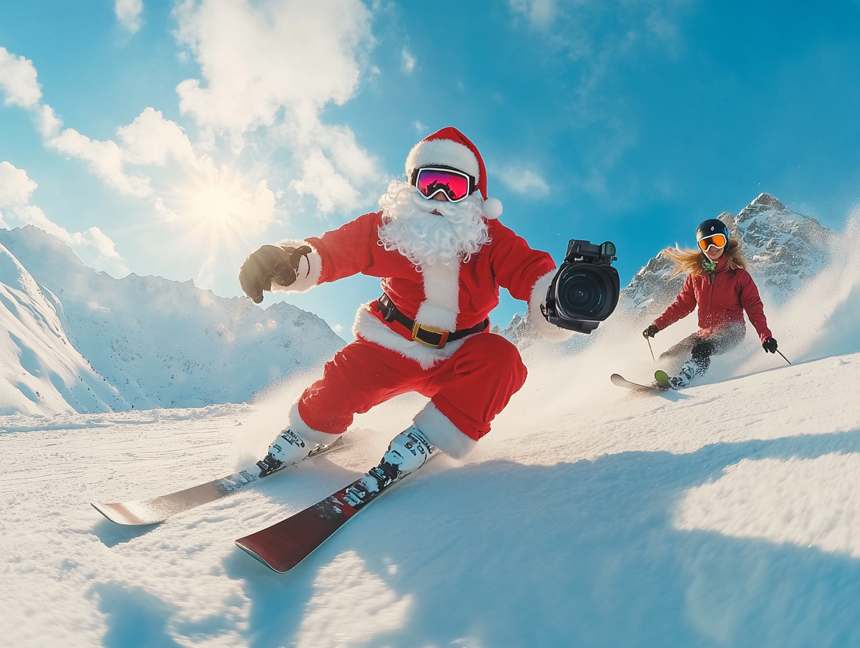 Santa Skier Films Self with Camera on Slope