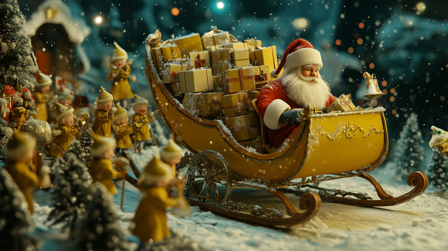 Santa and Elves Loading Gifts into Yellow Sleigh