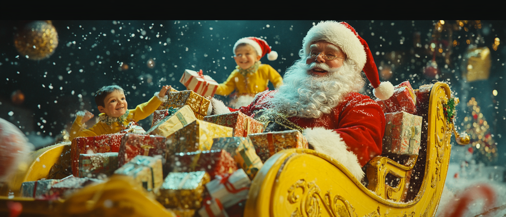 Santa and Elves Loading Gifts on Yellow Sleigh