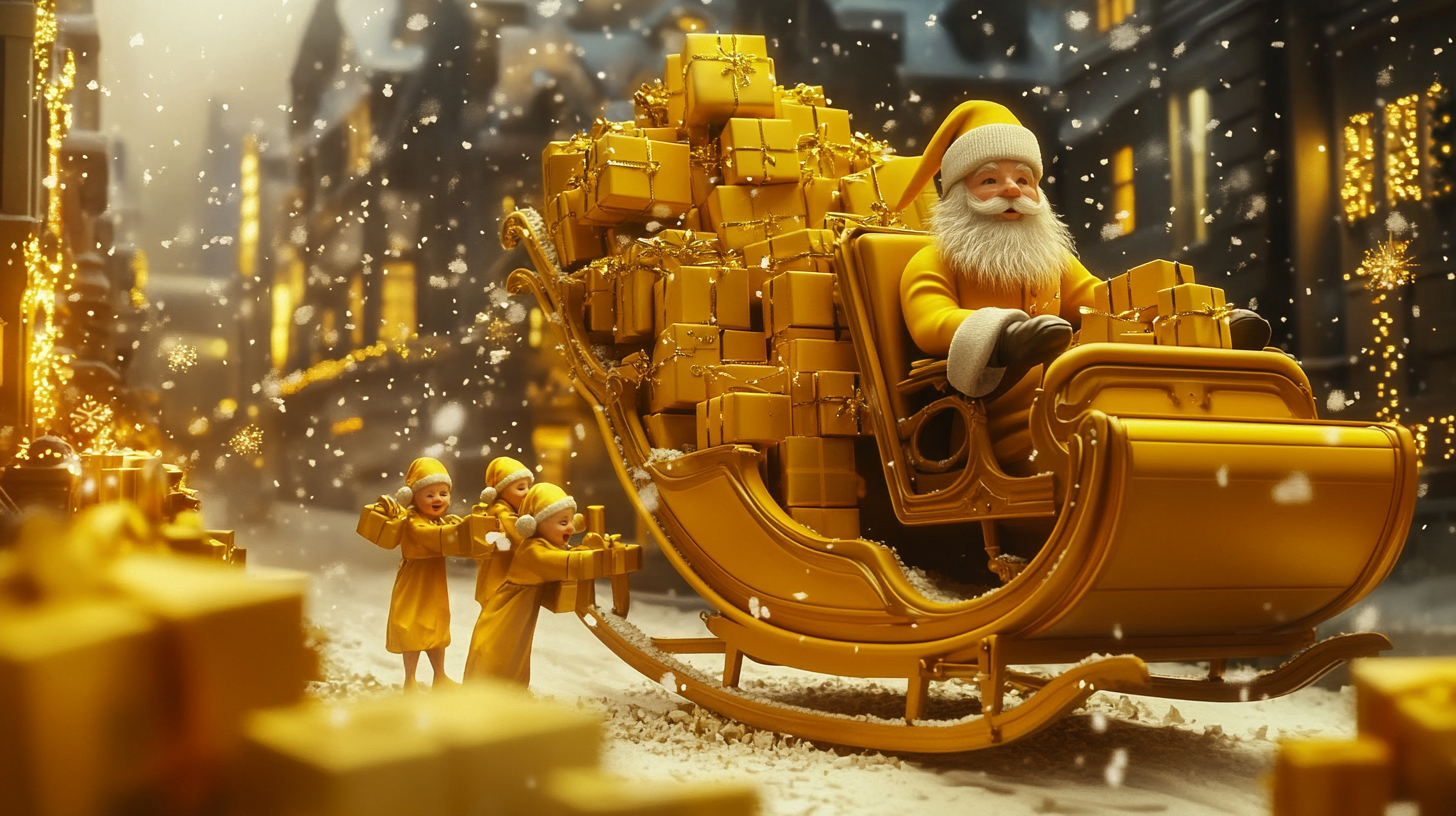 Santa and Elves Preparing Yellow Sleigh at Night