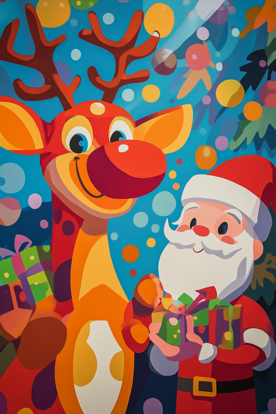 Santa and Rudolph sharing joy under the tree.