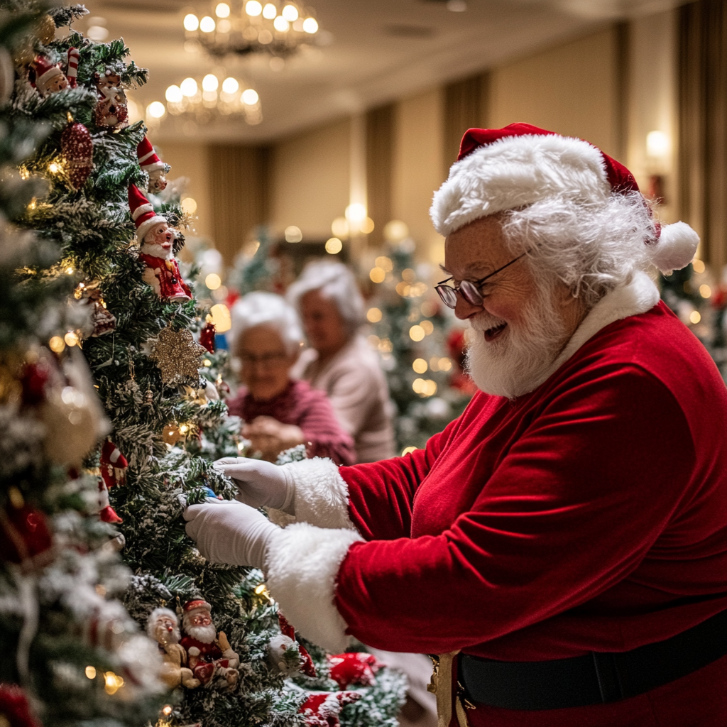 Santa and elderly women decorate trees in festive ballroom